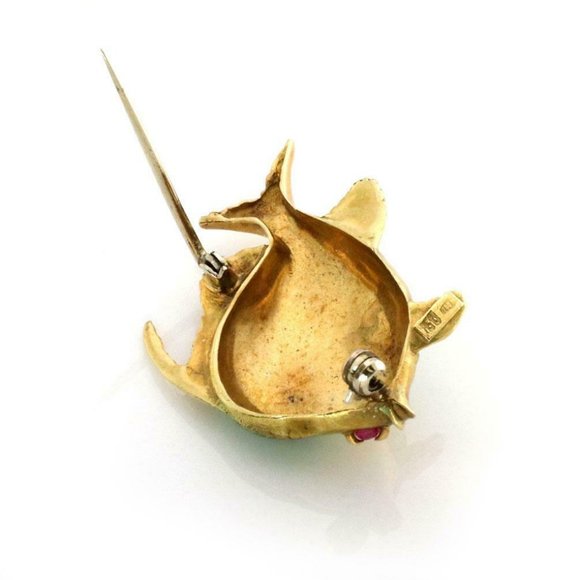 Vintage Ruby 18kYellow Gold Enamel Fish Brooch Pin - Picture 3 of 3